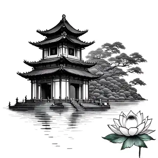 Chinese Temple With Lotus Flower