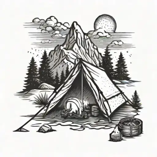 A Scenic Mountain Landscape With A Tent And Campfire