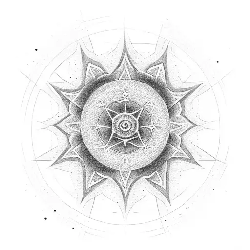 A Dotwork Tattoo Of The Canopus Star Surrounded By Celestial Elements Like Moons And Stars