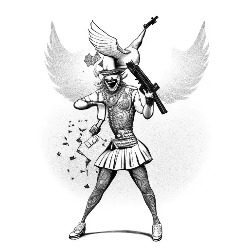 A Whimsical Clown Riding A Dove With A Gun In Hand