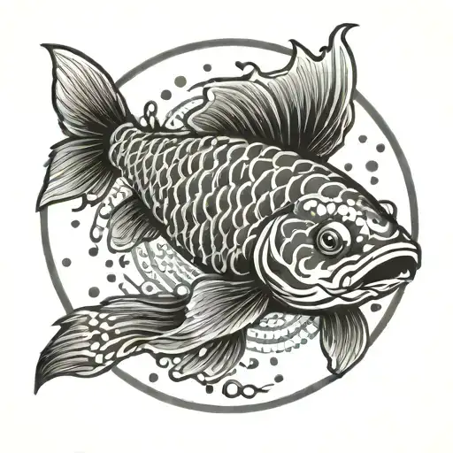 A Traditional Japanese Ink Brush Painting Of A Koi Fish Jumping Over A Zen Circle