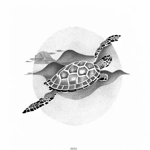 A Dotwork Tattoo Of A Turtle Swimming Through A Watercolor Sunset
