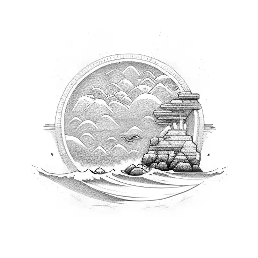 A Beach With Waves And Small Rock Guitar