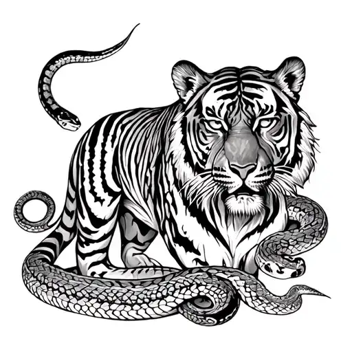 Tiger Surrounded By Snakes