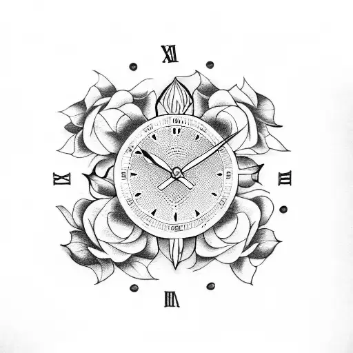 A Tattoo Featuring A Clock Surrounded By Roses And Snakes