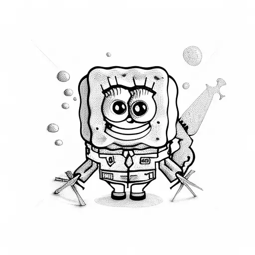 Spongebob With Black Leather Jacket With Bro Stitched To His Back Holding A Gun Upwards