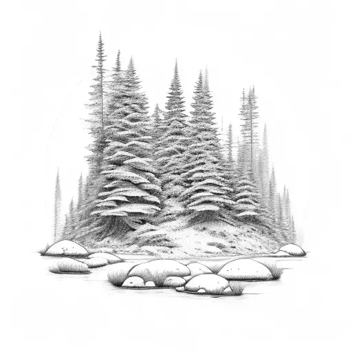 A Serene Mountain Landscape With A Flowing River And Towering Pine Trees