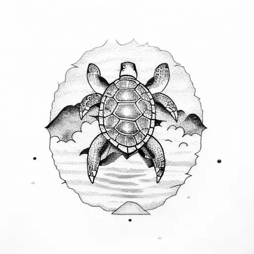 A Dotwork Tattoo Of A Turtle Resting On A Rock Under A Watercolor Sunset Sky