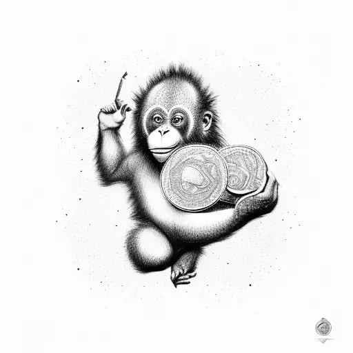 A Dotwork Tattoo Of An Orangutan Holding A Bag Of Money