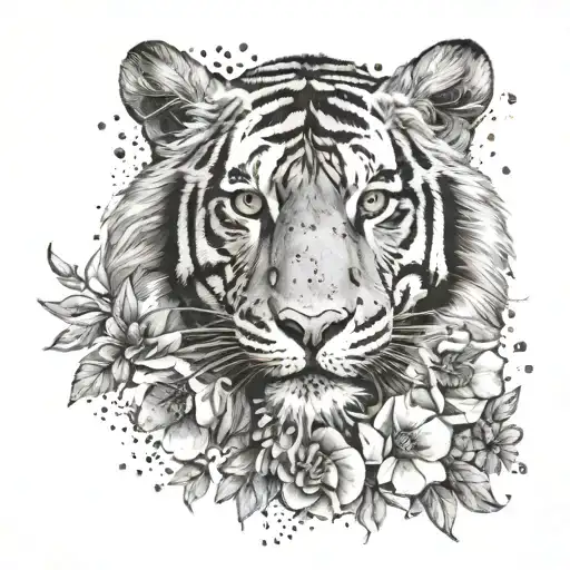 Realistic Tiger And Flowers Around
