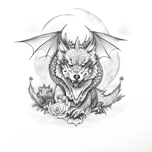 Dragon With Flowers And Wolf Howling At The Moon
