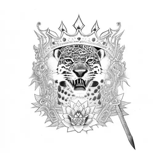 Growling Jaguar With A Crown And A Sword And Lotus Flowers