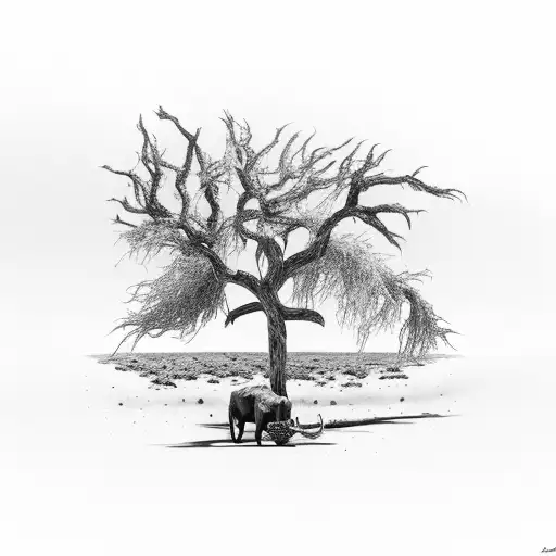 Desert Landscape With Dry Dead Withering Tree In Forefront With Dead Bull Skull Below It