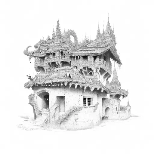 Old Overgrown Stone Building Next To Cipres And Dragon Above