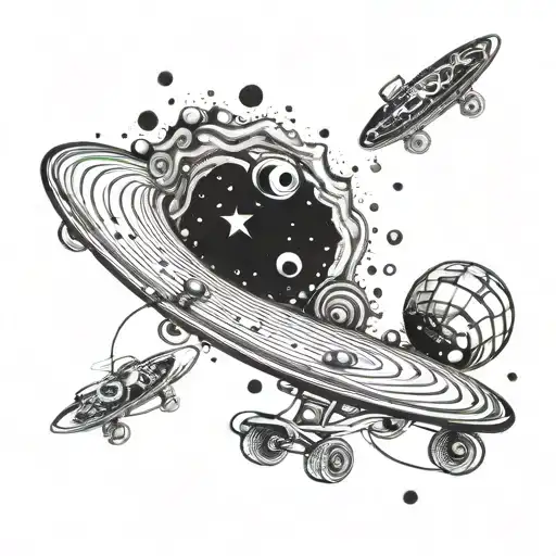 A Swirling Galaxy With Skateboards As Planets Coming