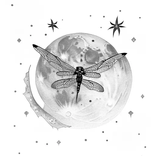 Moon With Dragonfly And Stars