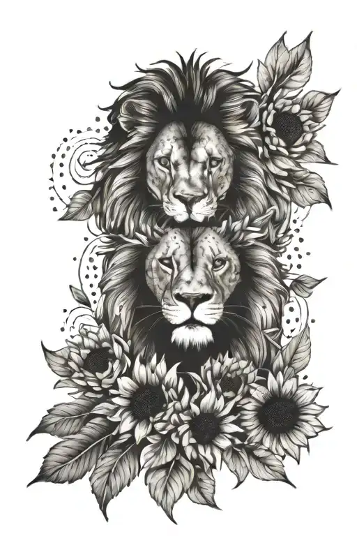 Lion With Flowers Growing Together With Dog Paw Prints And Sunflowers
