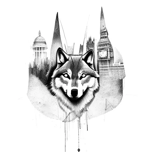 A London Skyline Tattoo With A Hidden Image Of A Wolf Blending Into The Cityscape