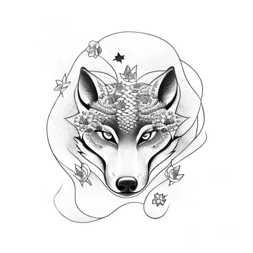A Flower With A Snake Around It A Wolf On The Left Side And Stars Around It
