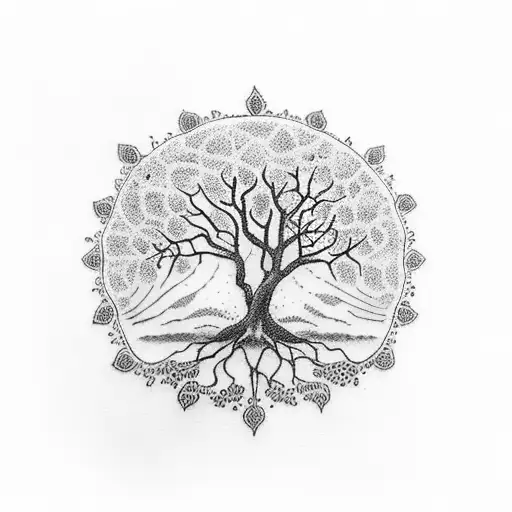 A Dotwork Tattoo Of A Tree Of Life With Birth Times Written On The Branches