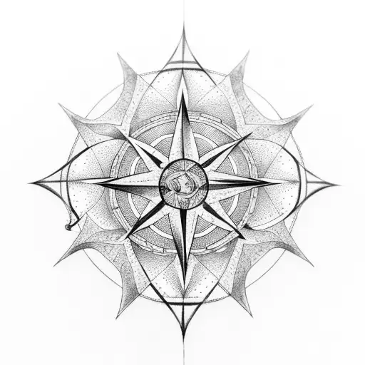 An Intricate Compass Rose Design With Forest Trees And Ocean Waves Intertwined