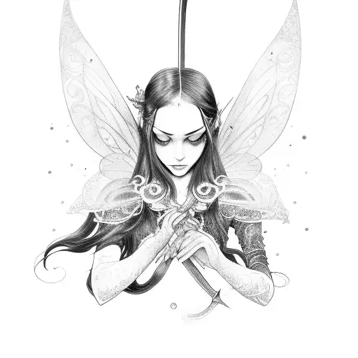 A Fairy With Long Whispy Black Hair Leaning On Her Sword And Crouching