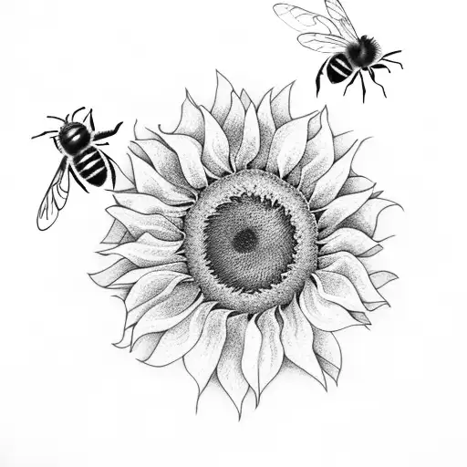 Four Sunflowers With Honey Bee