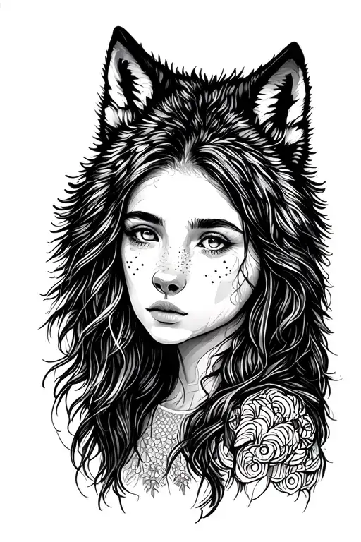 Wolf Outline With A Girl