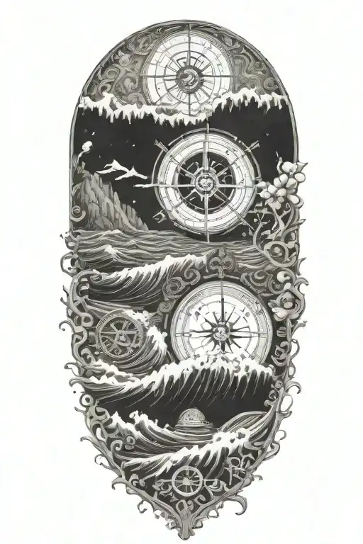 A Detailed Underwater Scene With The Hawaii Pipeline Wave And A Compass Rose As A Focal Point