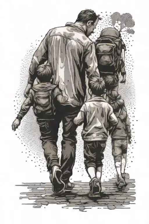 Father With Kids Walking Away
