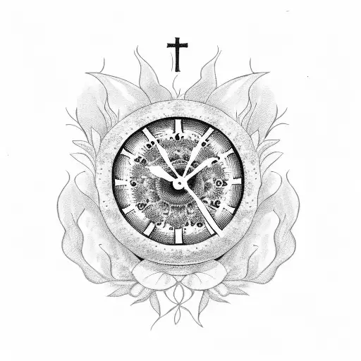Clock With Two Glocks A Dead Flower Flames And A Cross