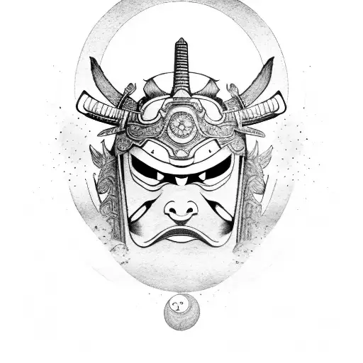 Samurai On Oni Mask Under The Half Moon With Sakurapetals
