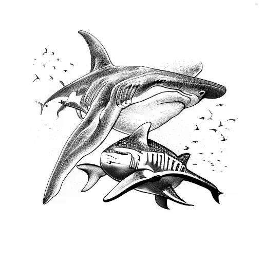A Hammerhead Shark And Whale Shark Swimming Together In A Geometric Pattern