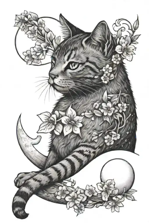 Cat And Wing Attached And Moon Cherry Blossom