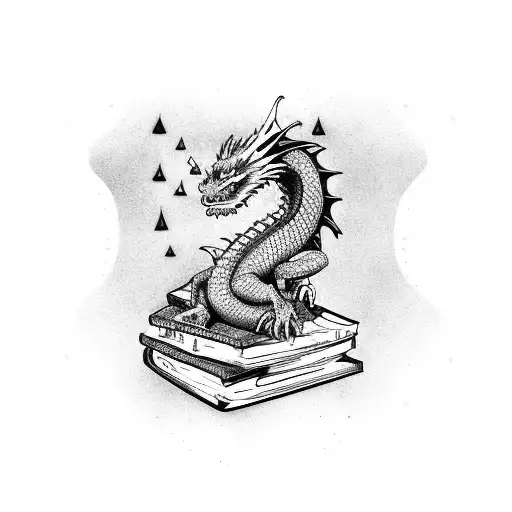 A Dragon Curled Around A Stack Of Magical Books