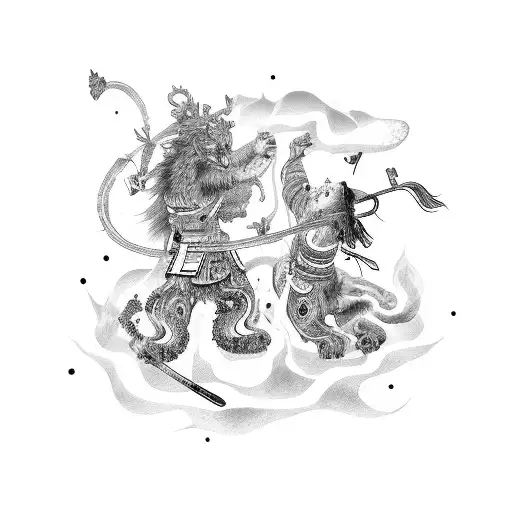 A Black And Grey Foo Dog And Samurai Battling It Out With Music Notes In The Background