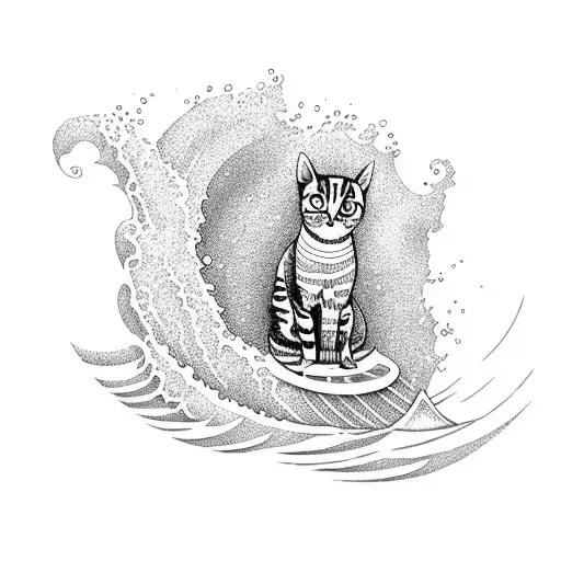 A Cat Surfing On A Wave In The Ocean