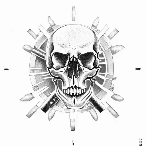 A Skull With Gears And Wrenches As Eyes In Dotwork Style