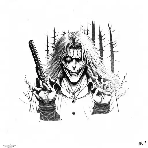 A Horror Movie Scene With Alucard From Hellsing Holding A Gun In A Dark Forest