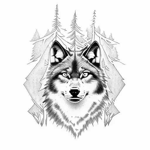 Black Wolf And Cat In Dark Forest