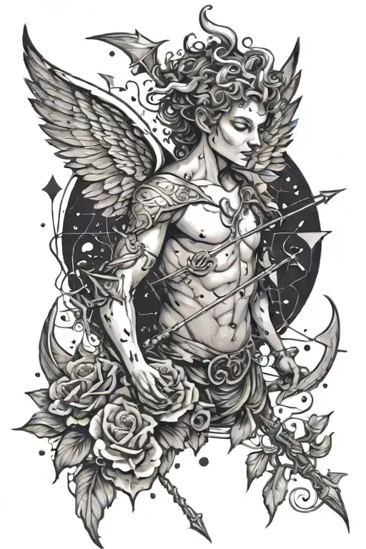 Half Angel Half Demon Cupid With Bow And Arrows And A Lot Of Hearts Pierced By Arrows Around Him