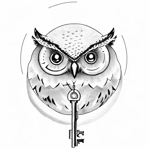 An Owl Holding A Key In Its Mouth While Standing On A Waning Crescent Shaped Moon
