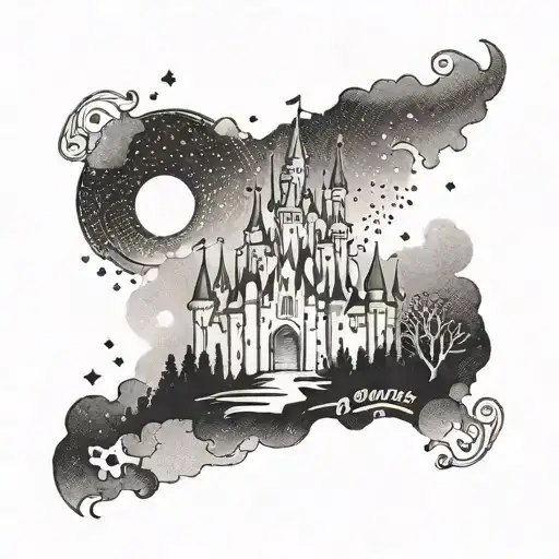 A Dotwork Tattoo Of A Disney Castle With Bts Lyrics Written In The Sky Above It