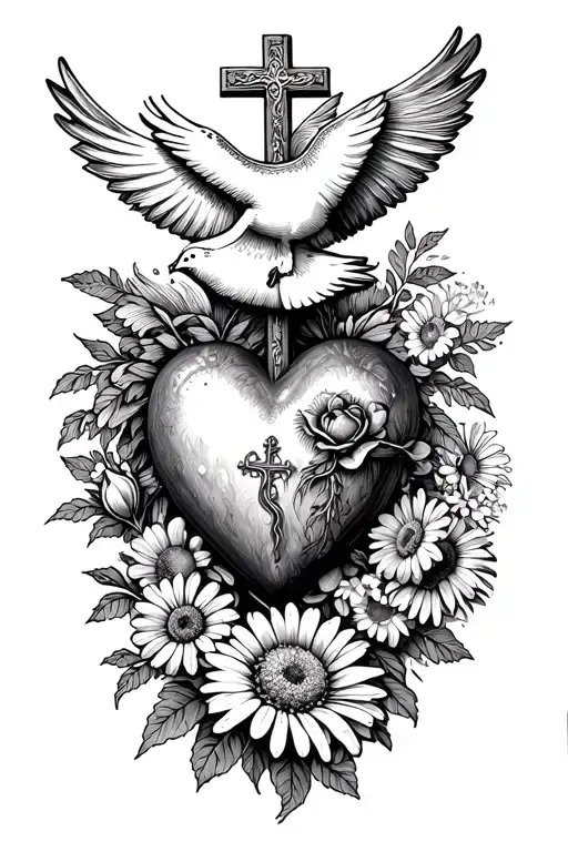 Sacred Heart And Cross And Dove And Rose And Daisies