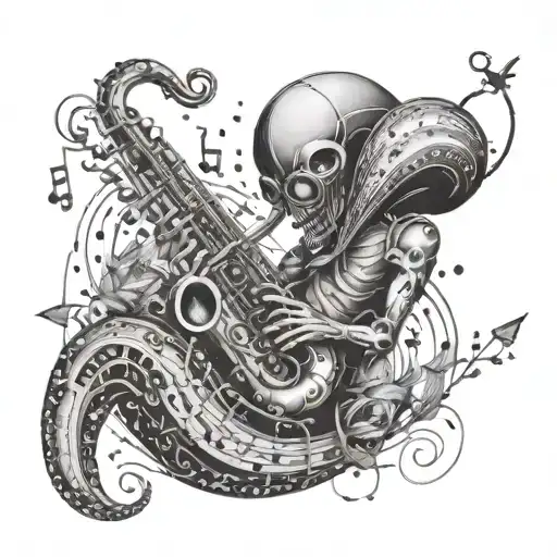 A Surreal Scene Of An Alien Saxophonist On A Planet Made Of Music Notes