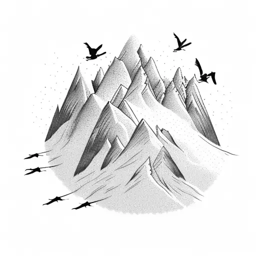 A Mountain Range With Birds Flying In Formation Resembling A Football Play