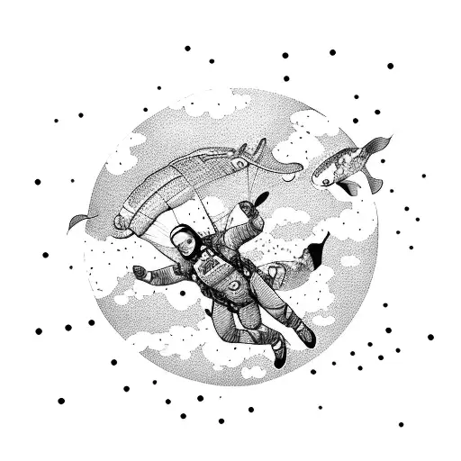 A Skydiver Descending From The Sky Surrounded By A School Of Koi Fish