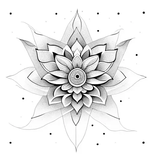 A Dotwork Tattoo Of A Lotus Flower With Each Petal Representing A Different Religious Place In India