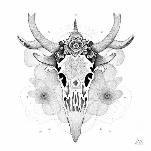 A Dotwork Design Of A Cow Skull With Intricate Floral Details