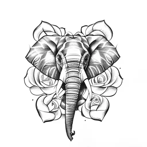 Elephant Face Surrounded By Tulips And Roses